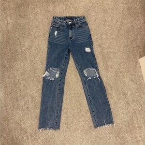 PrettyLittleThing High Rise Blue Distressed Jeans